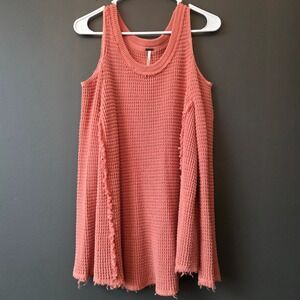 Free People Open‎ Knit Cold Shoulder Sweater Coral Orange Distressed Raw Hem M